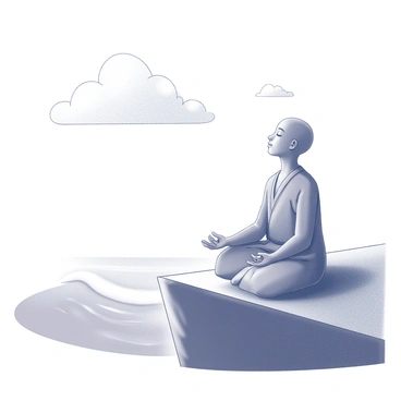 A figure sits cross-legged on a cliff edge, eyes closed in meditation. The figure is wearing simple, flowing robes that drape elegantly around the body. Below, the ocean is visible, with gently rolling waves that create a sense of tranquility. In the background, soft clouds hover in the sky, their shapes suggesting a peaceful atmosphere. The scene captures the essence of stillness, with the natural elements harmonizing around the meditating figure.