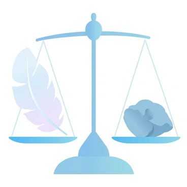 A classic balance scale with one side holding a feather and the other a rock