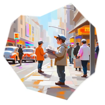 A young boy with tousled hair and a cap stands on a busy street corner in the 1940s, holding a stack of newspapers close to his chest. He is wearing a slightly oversized jacket and worn-out shoes. Around him are bustling pedestrians, some glancing curiously at the boy while others walk by, lost in conversation. Vintage cars are parked along the street, and shopfronts display colorful advertisements from that era. The atmosphere is lively, filled with the sounds of city life, as the boy calls out headlines to passersby.