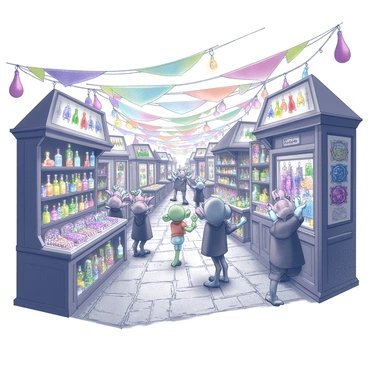 A bustling goblin market filled with several quirky stalls. Each stall is adorned with various magical trinkets, including shimmering charms and peculiar amulets displayed on wooden shelves. Some stalls are overflowing with colorful bottles containing potions, their shapes varying from sleek to oddly twisted. Goblins can be seen interacting with customers, showcasing their wares with exaggerated gestures. The market atmosphere is lively, with a mix of goblin chatter and the sounds of bartering echoing through the air. The ground is uneven cobblestone, and colorful fabrics hang above the stalls, creating a vibrant canopy.