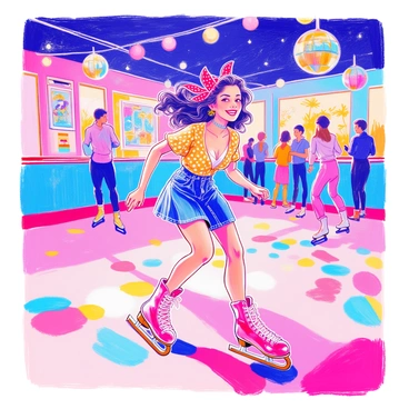 A pin-up girl is roller-skating at a retro roller rink. She has a vibrant red bandana tied in her hair, and her outfit consists of a polka dot top and a high-waisted denim skirt. Her roller skates are bright pink with white wheels. The rink is filled with colorful lights and geometric patterns on the floor. The background features retro-style posters and a disco ball hanging from the ceiling, reflecting light across the space. She smiles widely as she glides effortlessly across the smooth surface, surrounded by other skaters enjoying the lively atmosphere.
