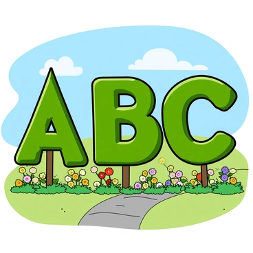 A vibrant garden filled with neatly trimmed topiary bushes shaped like the letters "A", "B", and "C". The topiary bushes are lush and green, each with distinct features that highlight their letter forms. The "A" bush stands tall and pointed at the top, while the "B" bush curves gracefully with rounded sections, and the "C" bush has an elegant open curve. The garden features colorful flowers blooming around the base of the bushes, with a clear blue sky overhead and a few fluffy white clouds scattered. There is a stone pathway winding through the garden, leading to the topiary letters.