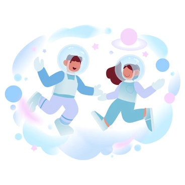 A boy and a girl are in astronaut costumes, with shiny helmets and colorful suits. They are floating in a room decorated with various planets and stars. The walls are a soft gradient of pastel colors, creating a dreamy atmosphere. The planets are in different sizes and colors, some with rings, while stars are scattered all around. Soft beams of light illuminate the scene, enhancing the playful mood. A few whimsical space gadgets are visible in the background, adding to the space-themed environment.