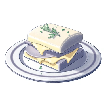 A croque monsieur sandwich sits on a ceramic plate. The sandwich is made with two slices of bread filled with cheese and ham, with melted cheese oozing from the sides. It is garnished with fresh herbs scattered on top, adding texture and greenery to the dish. The ceramic plate has a subtle decorative pattern along the rim, enhancing the presentation of the food.