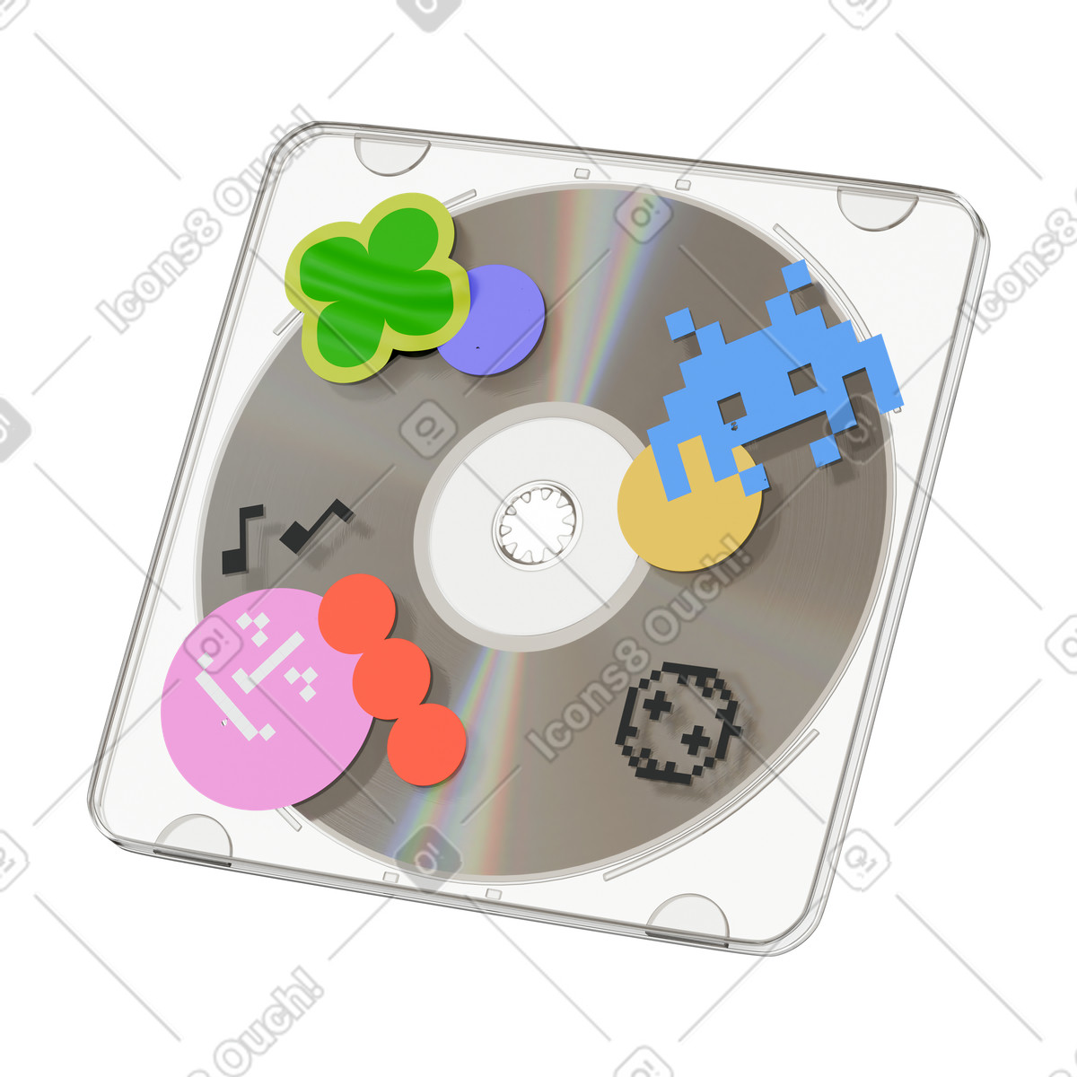 Illustration CD disk in transparent cover with stickers dans le style 3D Stickle à télécharger aux formats PNG, SVG
