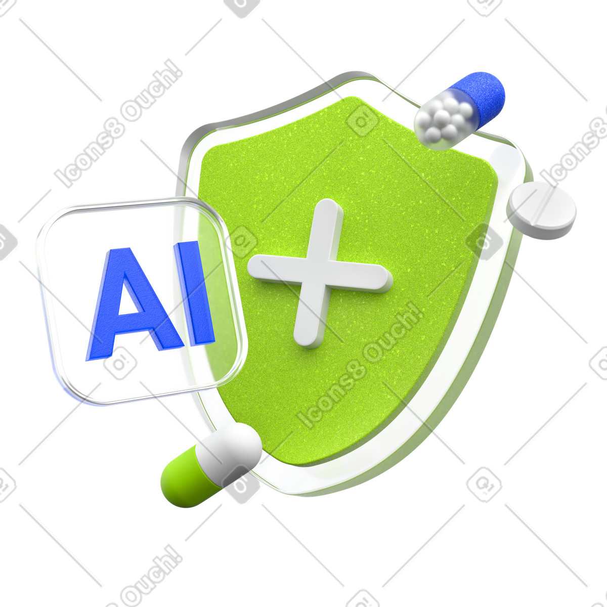 AI health protection, Green shield with label, Digital healthcare security illustration in 3D Enterprise style download in PNG, SVG