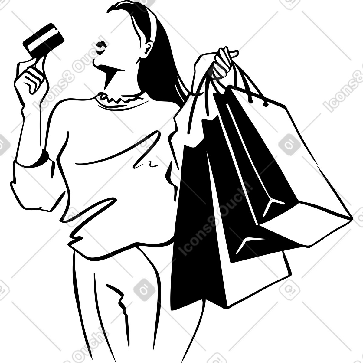 Illustration Femme avec des sacs de courses tenant une carte bancaire à la main dans le style Line télécharger aux formats PNG, SVG