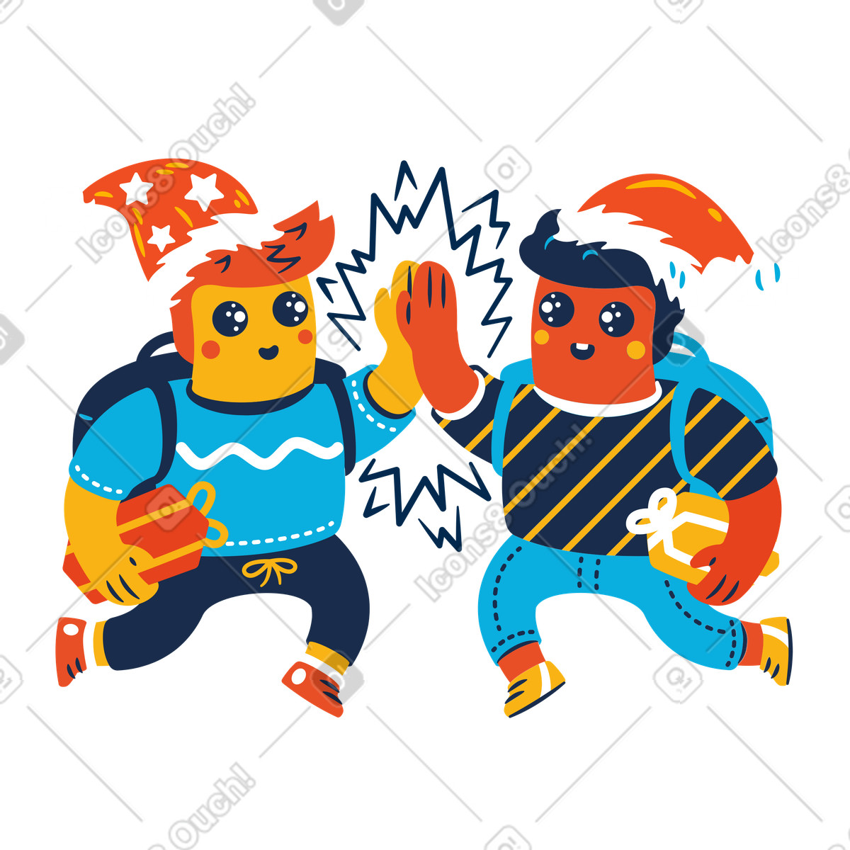 Иллюстрация Friends high-fiving in Santa hats, Christmas celebration and gift exchange в стиле Flame — скачать в форматах PNG, SVG