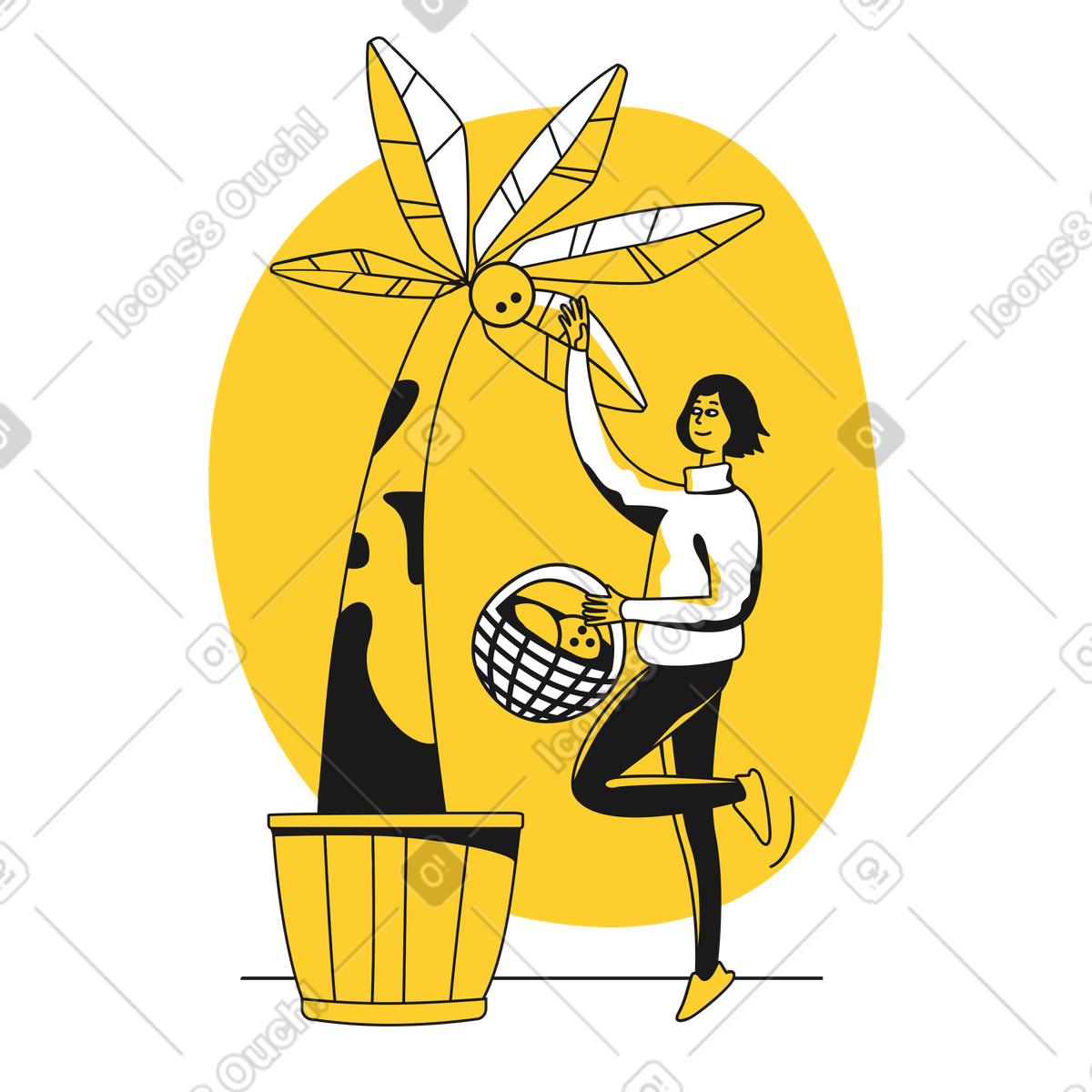 Woman picking coconuts off a palm tree illustration in Taxi style download in PNG, SVG