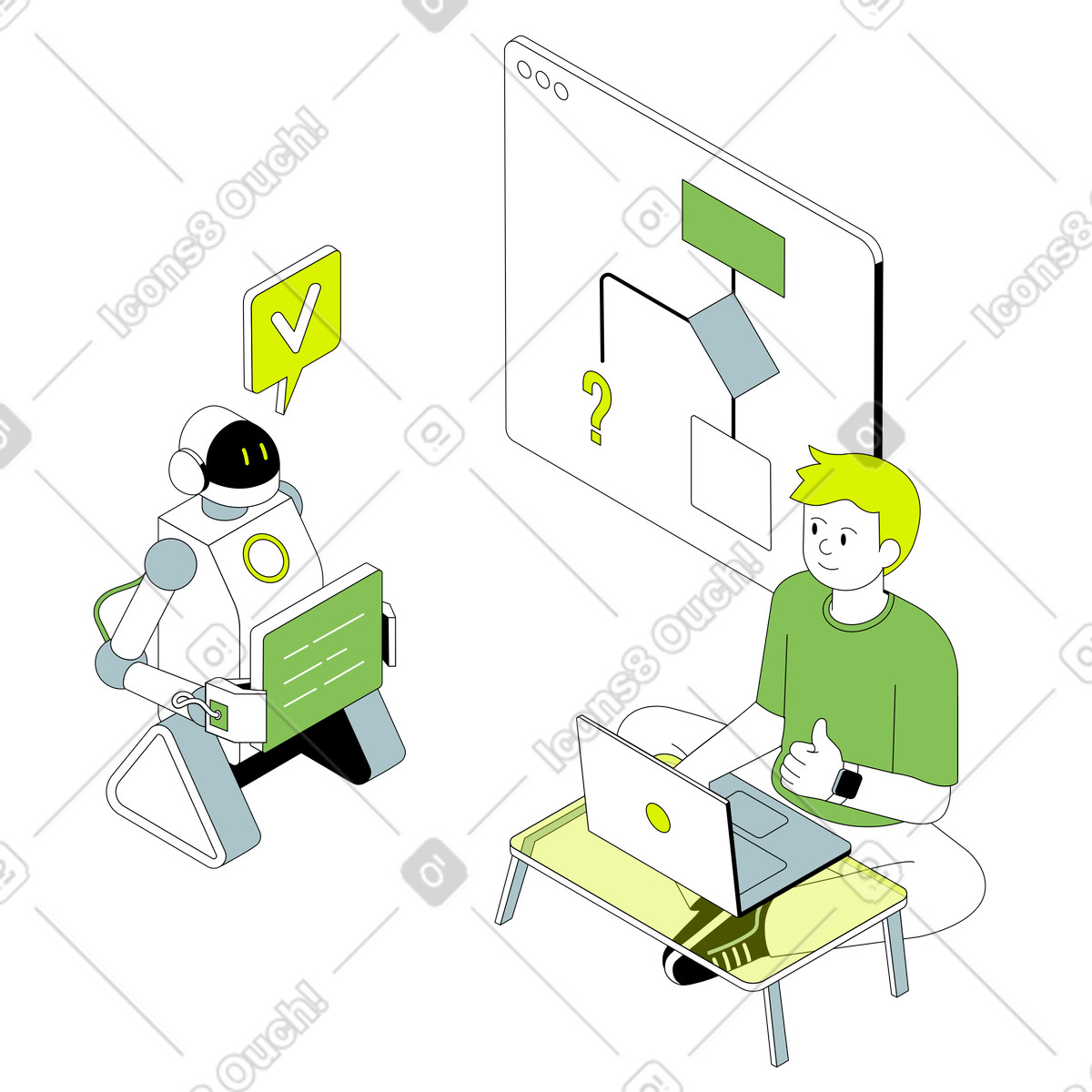 AI assistant guiding coder at laptop, Automation in software development illustration Isometric style download PNG, SVG