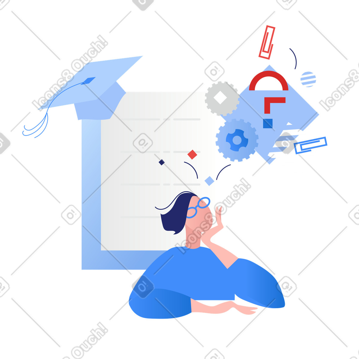 Donna che affronta i suoi compiti accademici illustrazione in stile Clip scarica in PNG, SVG