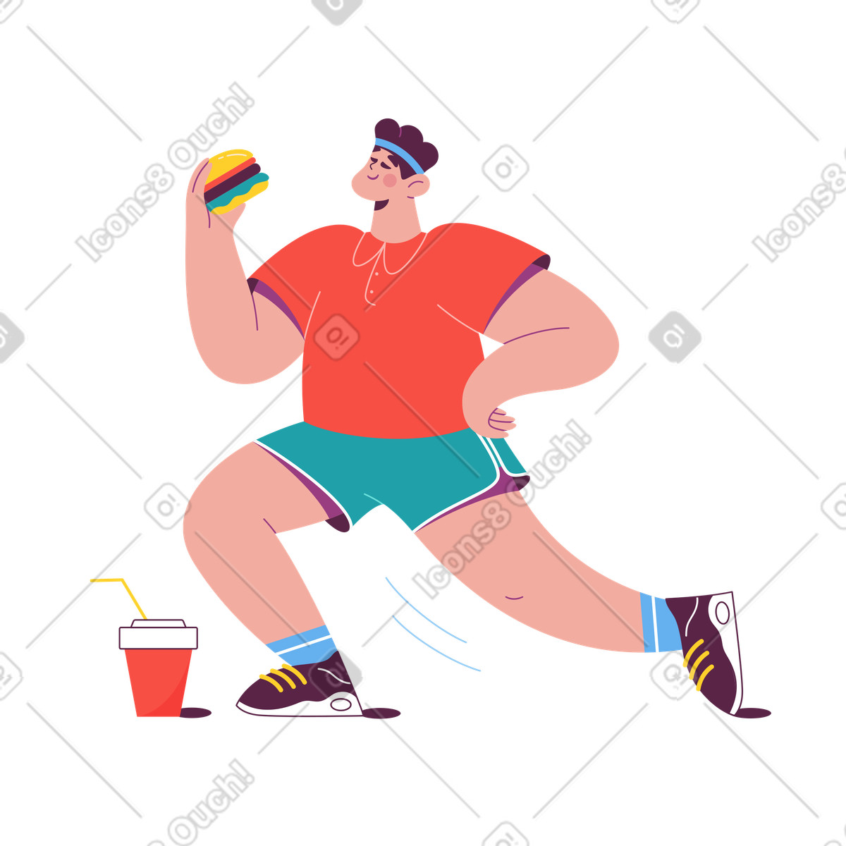 Illustration Athlète faisant du sport et mangeant un hamburger dans le style Sammy à télécharger aux formats PNG, SVG