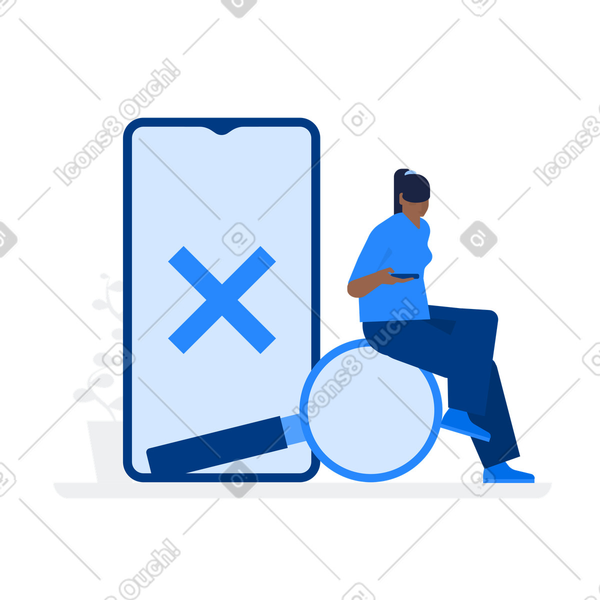 Phone user beside large error screen, Data unavailable or no connection illustration in Urban style download in PNG, SVG