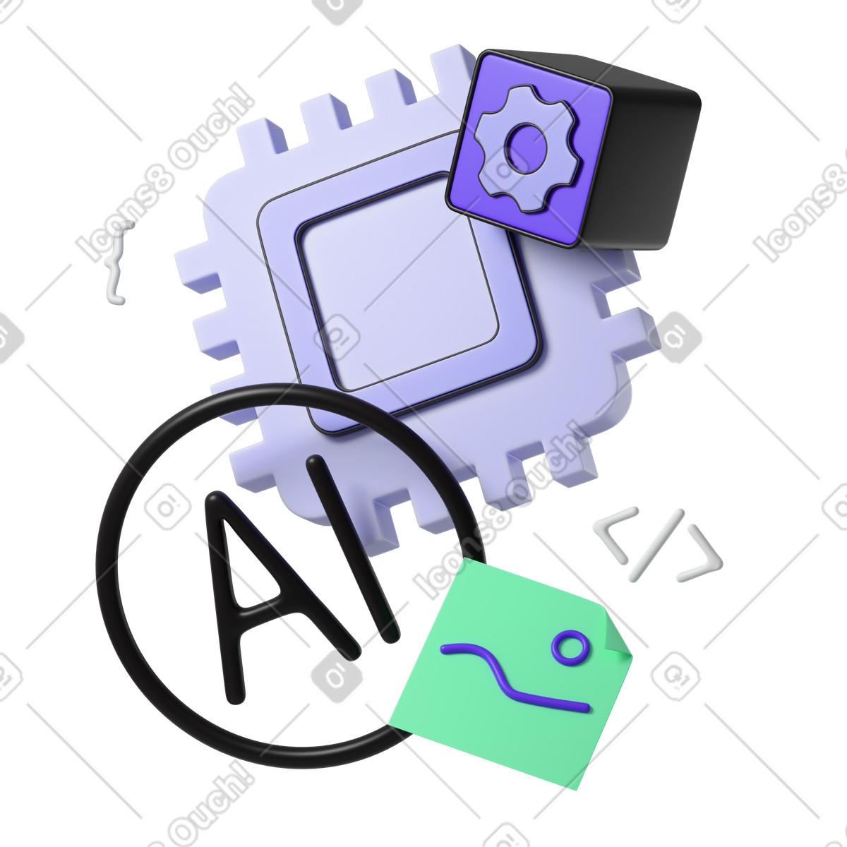 Ilustración animada Conjunto de chips y rueda dentada inteligencia artificial en estilo 3D Incut a descargar en GIF, Lottie (JSON), AE