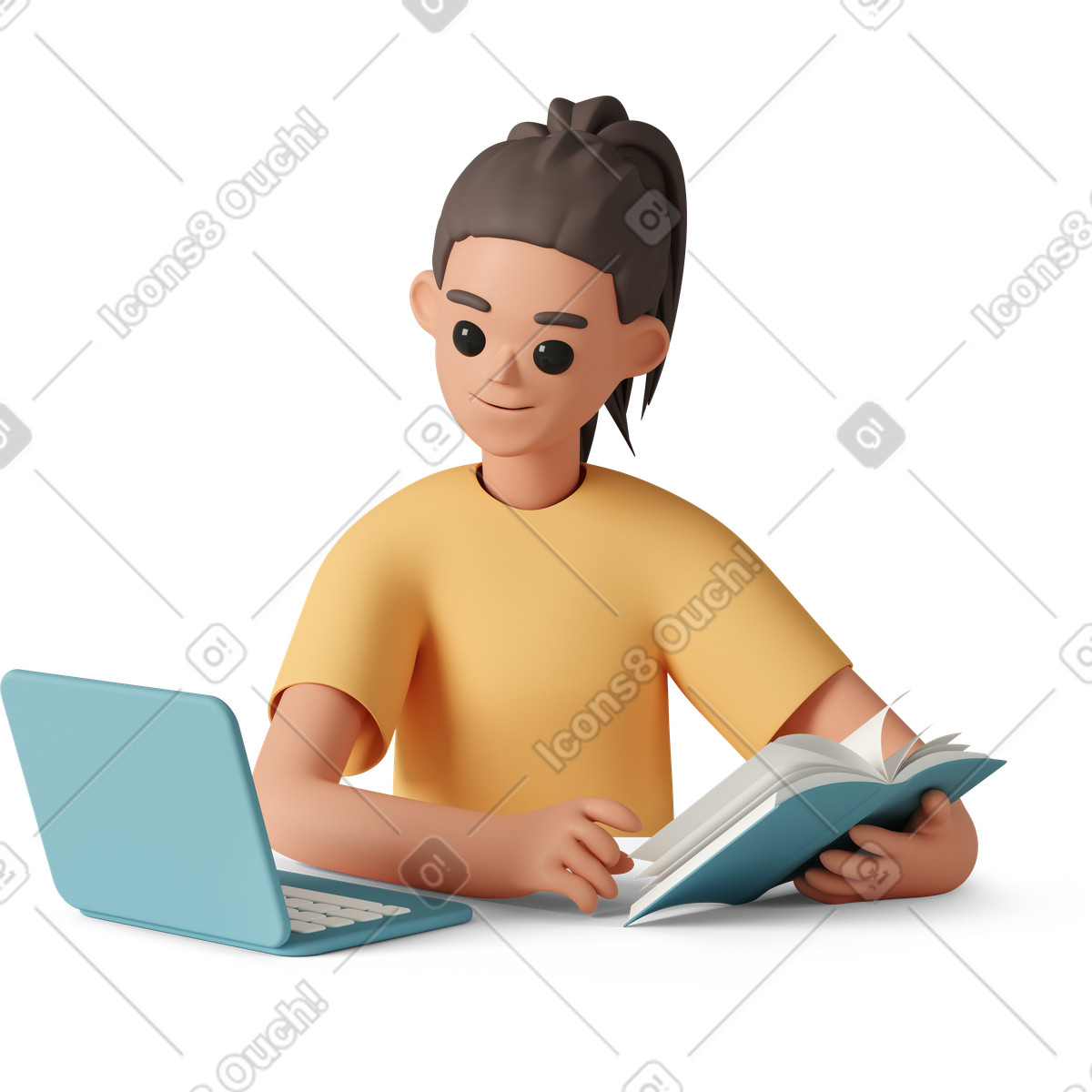 Studying with laptop and textbook, remote education and distance learning illustration in 3D Casual life style download in PNG, SVG