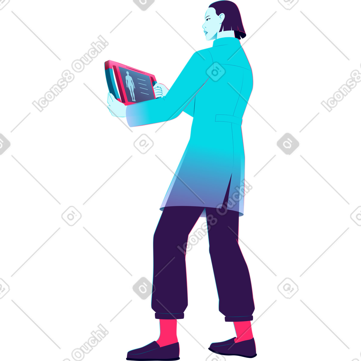 Doctor holding a tablet to scan illustration in Neon style download in PNG, SVG