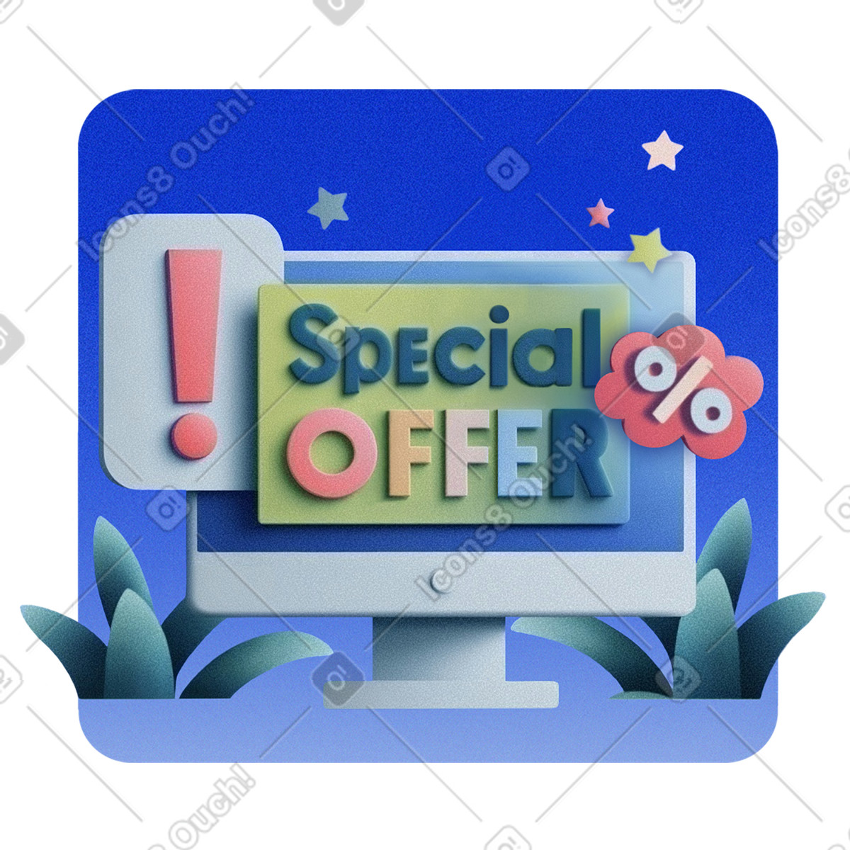 Special offer text on computer monitor, Online sale announcement, E-commerce deal alert illustration in Grainy style download in PNG, SVG