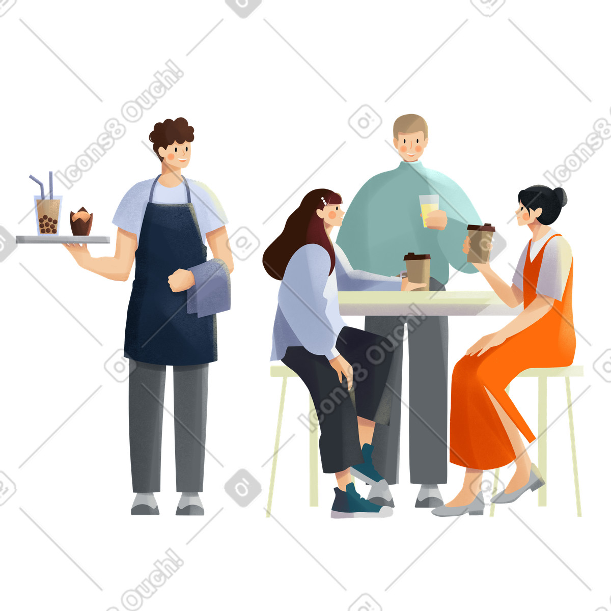 Waiter brings an order for a group of friends in cafe illustration Shine style download PNG, SVG
