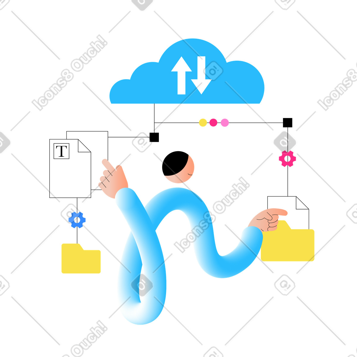 Ilustração de Jovem fazendo upload dados para a nuvem em no estilo Knotty baixar em PNG, SVG
