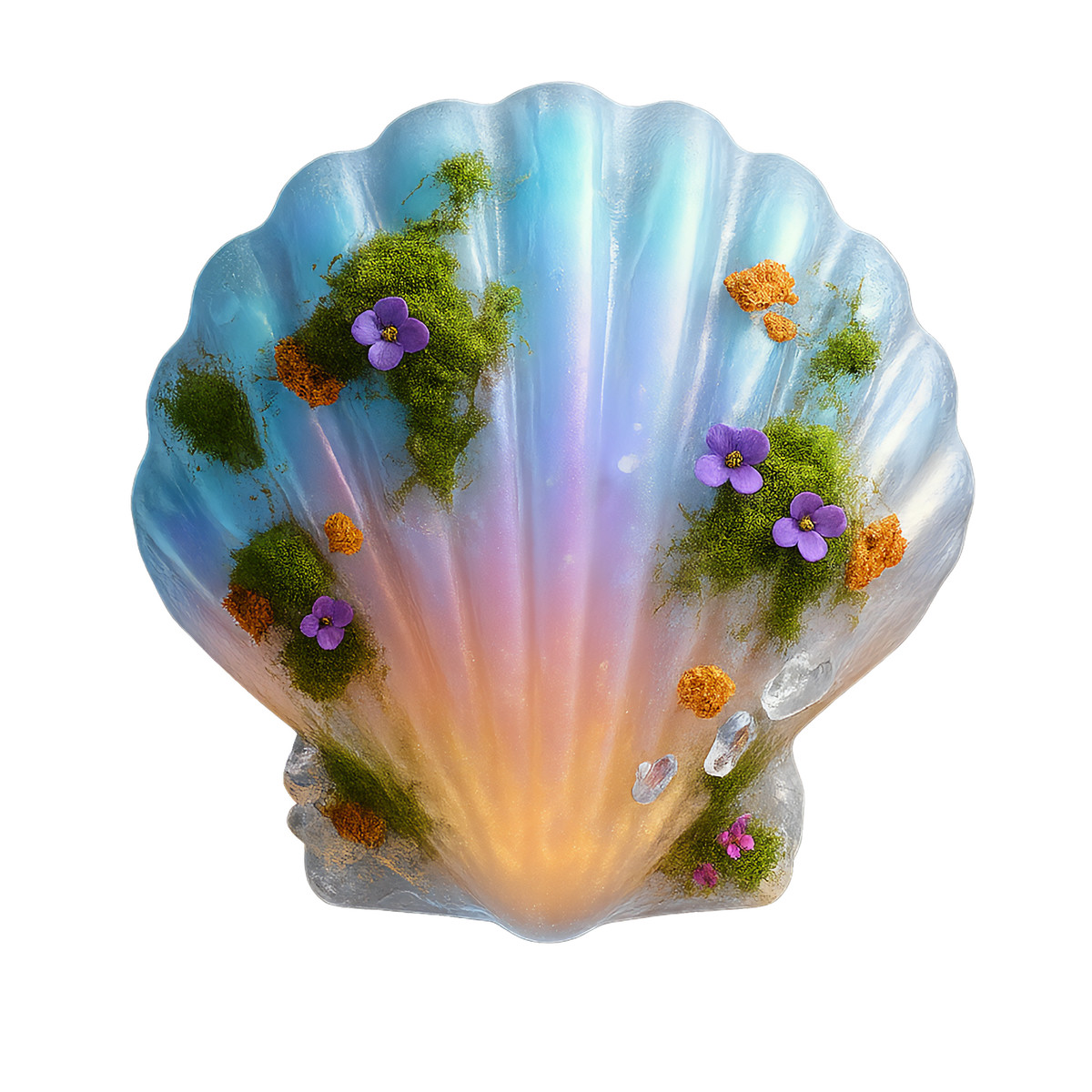Iridescent seashell with moss and flowers, Nature decorative element illustration in Biomorphic style download in PNG, SVG
