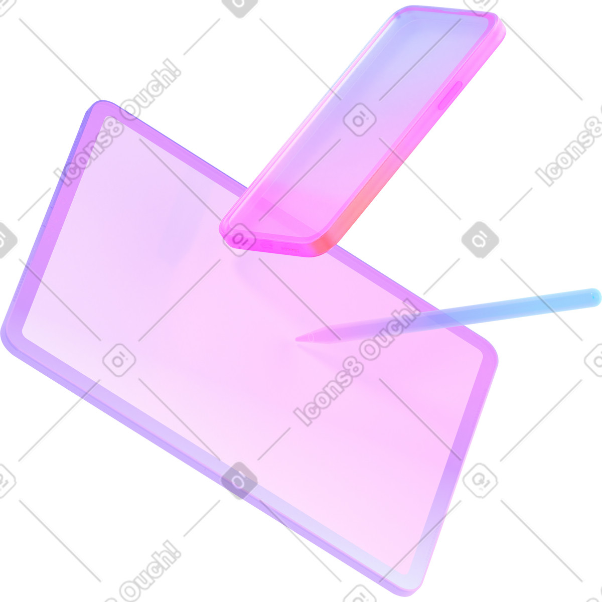 Smartphone gradiente, tavoletta grafica e stilo illustrazione in stile 3D Glassy scarica in PNG, SVG