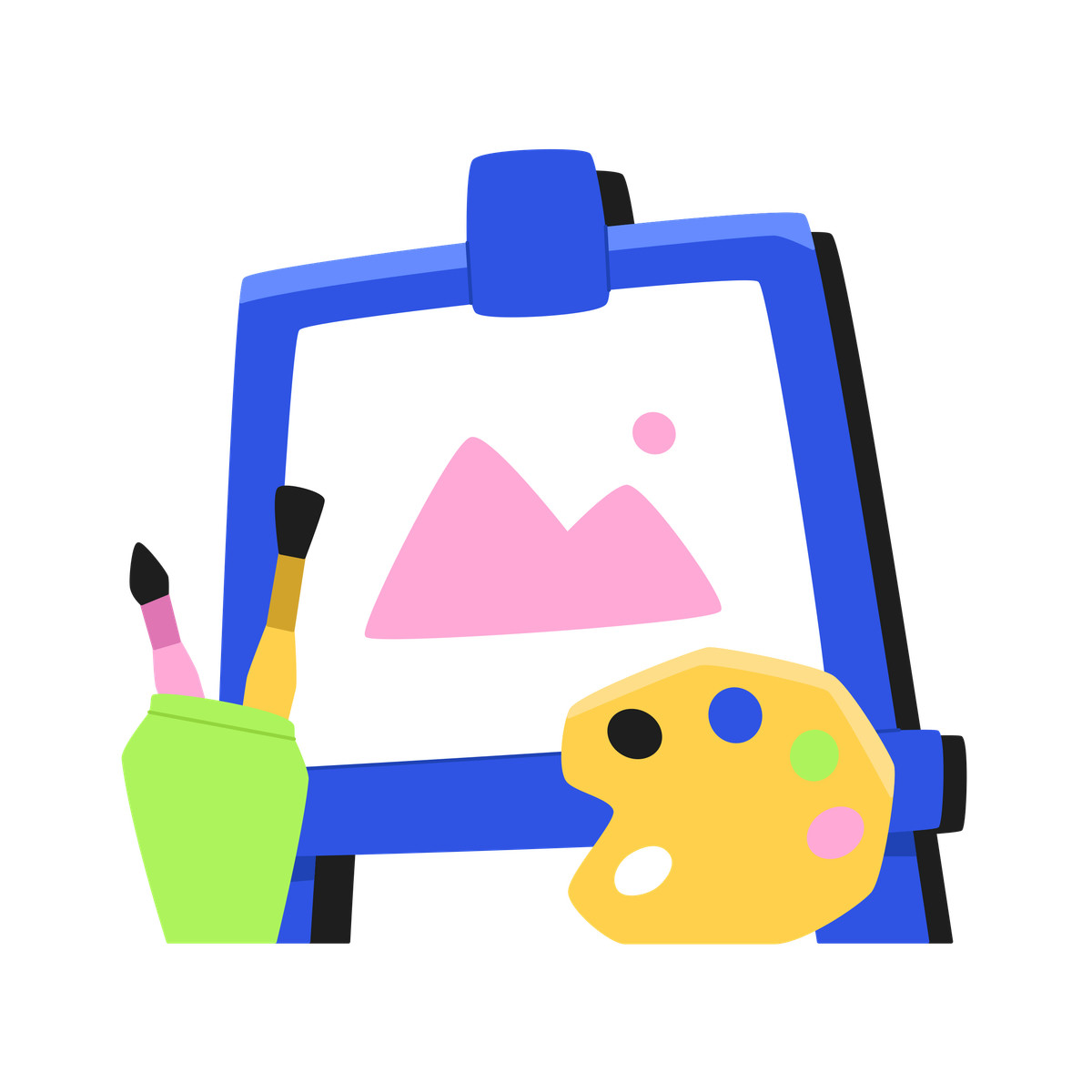 Bouncy スタイルの Easel, paint palette and cup with brushes のイラストをPNG、SVG形式でダウンロード