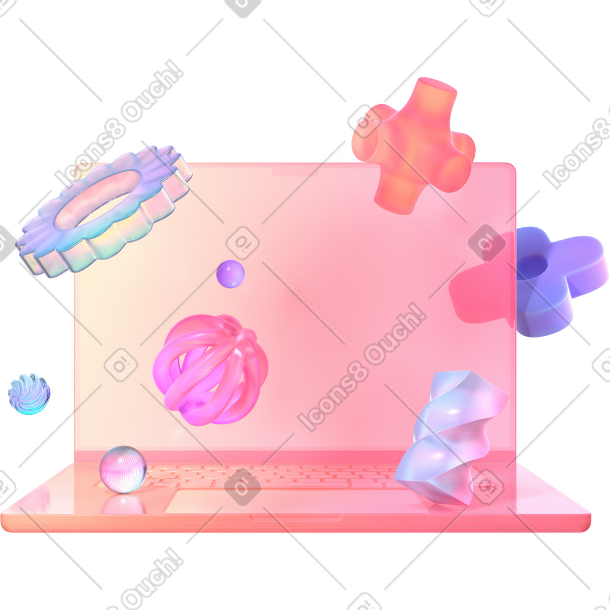 Laptop con oggetti sfumati fluttuanti in un paesaggio da sogno pastello illustrazione stile 3D Glassy scarica PNG, SVG