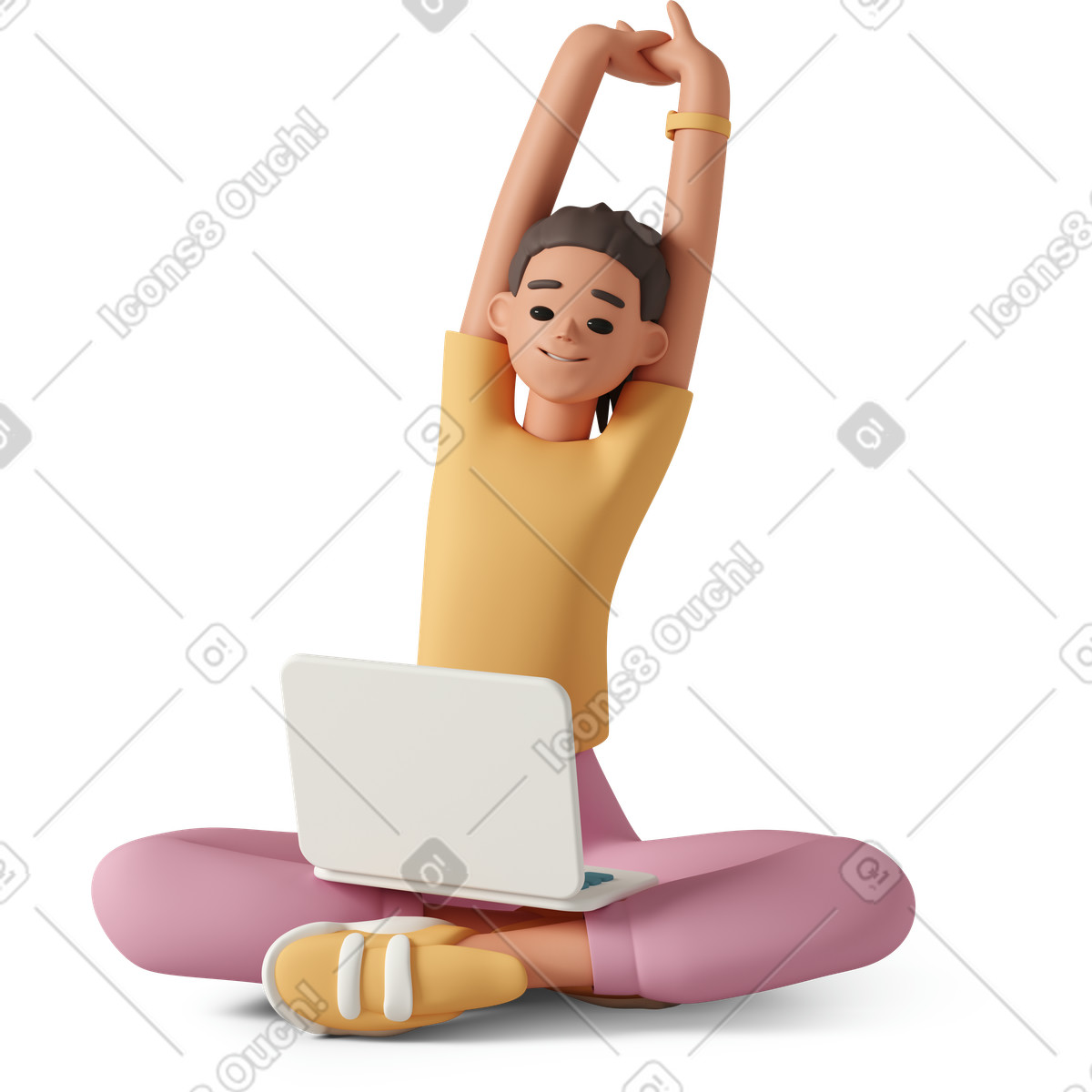 3D Casual life 스타일의 Seated stretch with laptop, healthy desk habits and ergonomics 일러스트레이션 PNG, SVG 다운로드