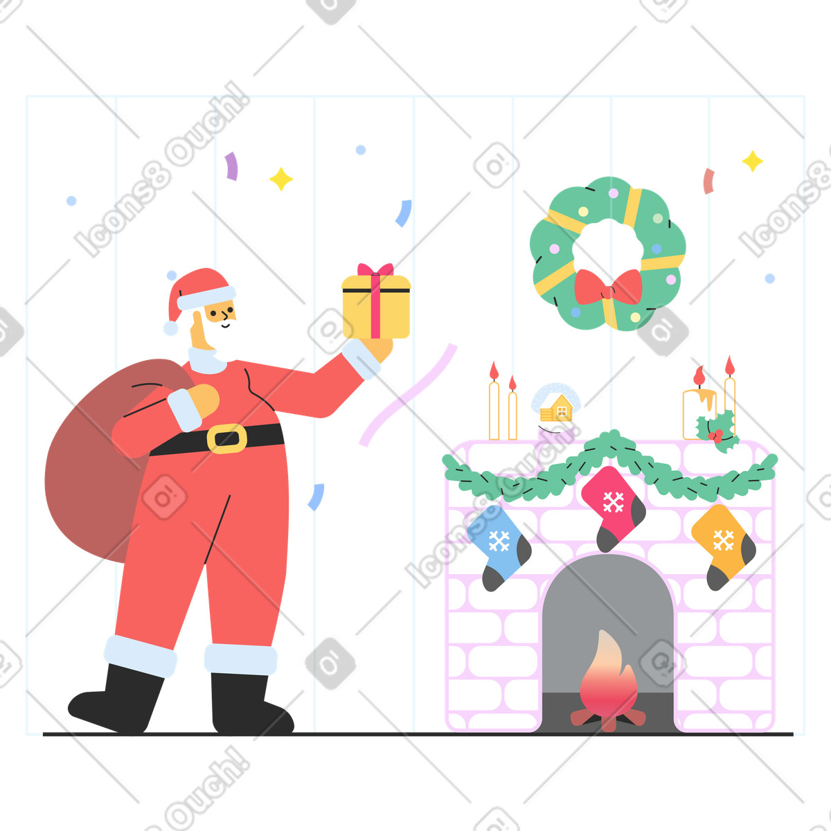 Babbo natale con scatola regalo di vicino al camino illustrazione in stile Marginalia scarica in PNG, SVG