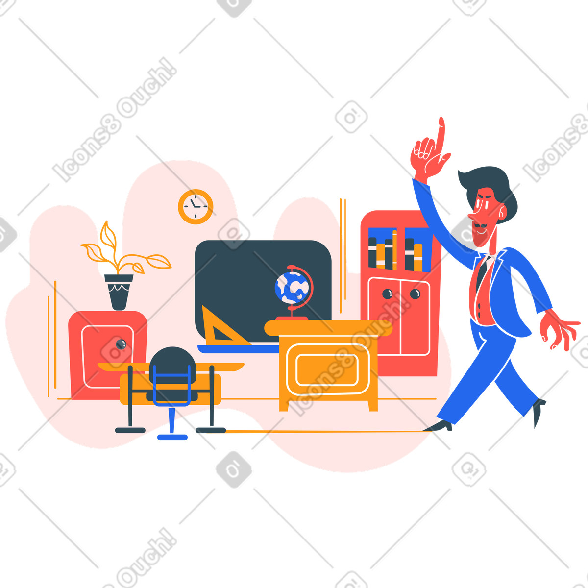 Illustration Un éducateur scolaire entre en classe et enseigne dans le style Kingdom à télécharger aux formats PNG, SVG