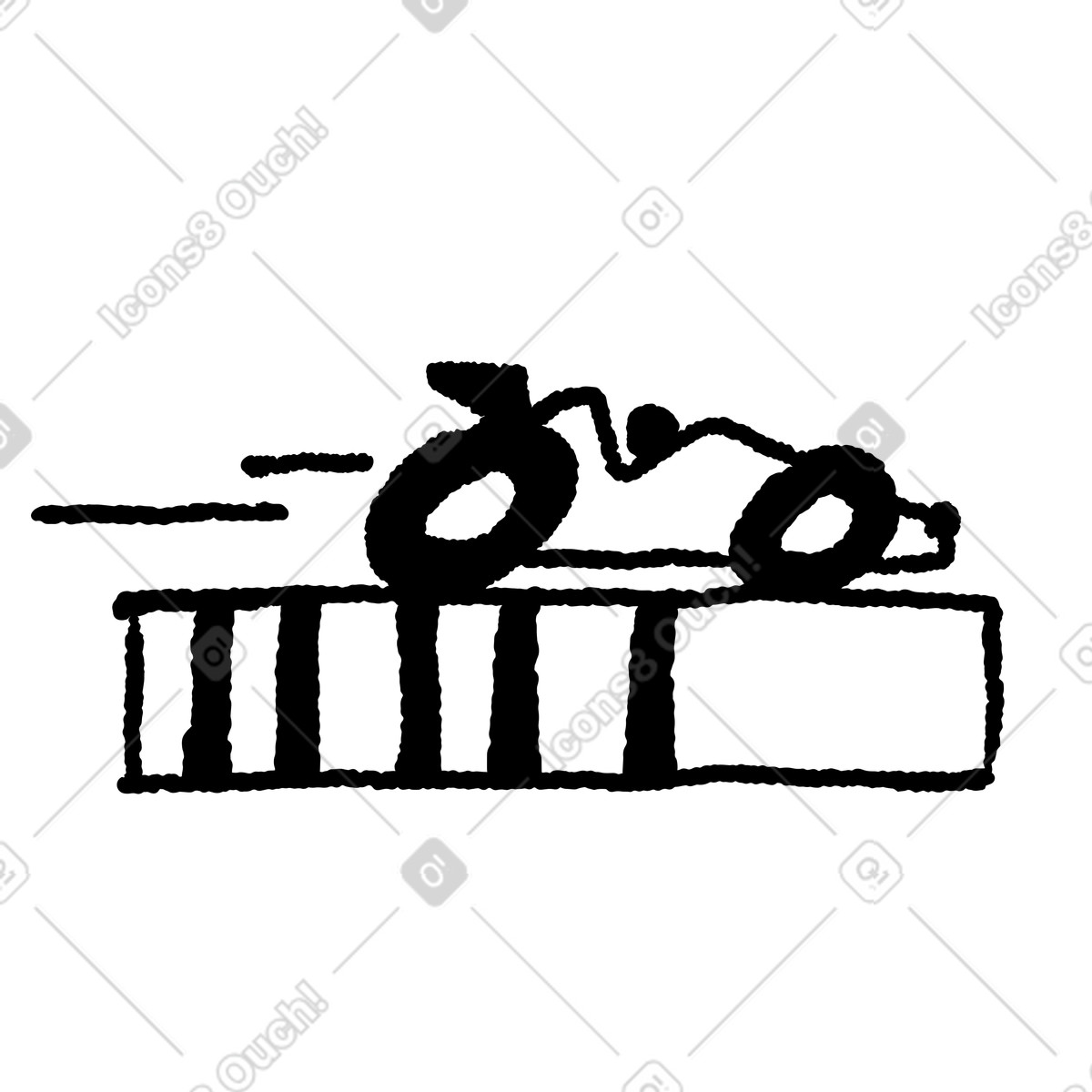 Ilustração de Motorcycle jumping over shipping container with rider leaning forward aggressively em no estilo Black Chalk para baixar em PNG, SVG