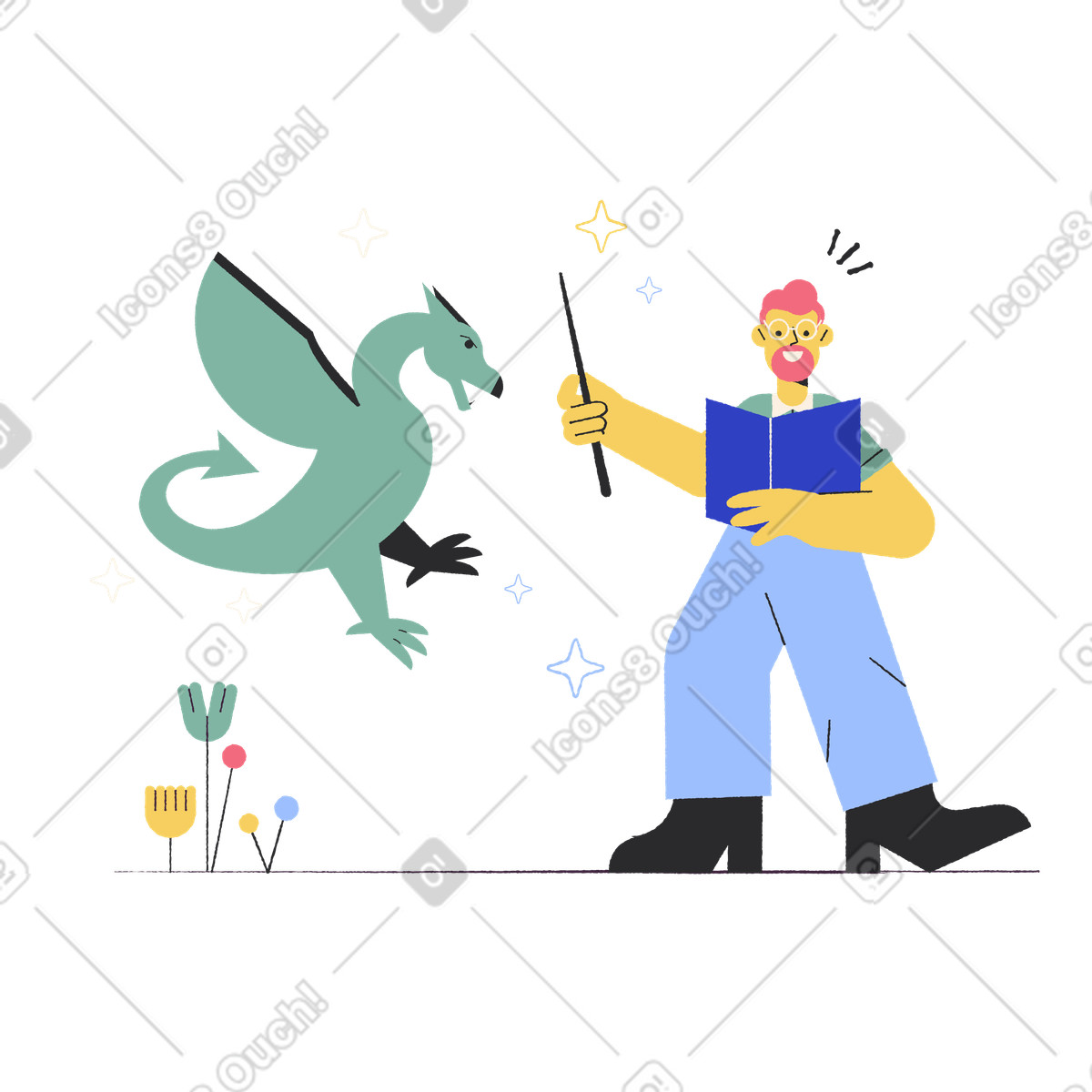 Illustration Magicien avec livre de sorts évoquant un dragon dans le style Pablo à télécharger aux formats PNG, SVG