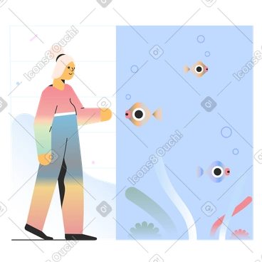 Girl looking at fish in aquarium PNG, SVG