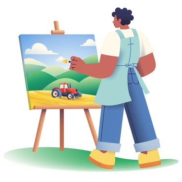 An artist with medium skin and curly black hair is standing on a grassy hillside, painting a landscape on a large canvas. The artist is wearing a light blue apron over a white t-shirt and denim jeans. In the foreground, there is a wooden easel holding the canvas, which depicts rolling green hills under a bright blue sky with fluffy white clouds. In the distance, a red tractor is working in a field, surrounded by patches of golden wheat. The sun is casting soft shadows on the ground, illuminating the scene beautifully.