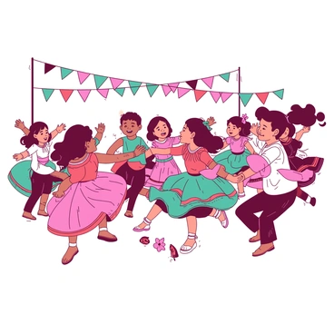 A group of children dressed in vibrant traditional attire are dancing joyfully at a cultural festival. The children are wearing a mix of colorful outfits, with intricate patterns and bright embellishments. In the background, various decorations in shades of teal and pink create a festive atmosphere. Some children are holding hands as they form a circle, while others are leaping and twirling with smiles on their faces. Colorful flags and banners are strung above, fluttering in the breeze. The scene is lively and filled with energy, capturing the essence of celebration.