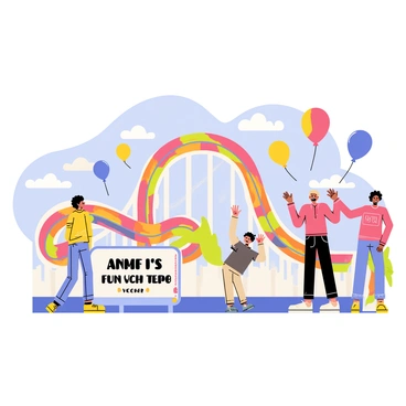 A fun voucher featuring a vibrant roller coaster with colorful loops and turns. The roller coaster is set against a bright blue sky. There are several balloons in different shapes and colors floating above the scene. A joyful crowd, including people of various ages, is seen cheering and enjoying the amusement park atmosphere. Some individuals are waving their hands in excitement while others are holding onto their balloons.