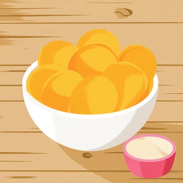 A bowl filled with golden-orange sweet potato chips arranged neatly. The bowl is ceramic with a glossy finish, reflecting light softly. Next to the bowl, there is a small dish of creamy dip, which has a light beige color. The rustic wooden table has a rough texture with visible grain patterns and knots, adding warmth to the scene. The background is softly blurred, focusing attention on the bowl of chips and the dip.