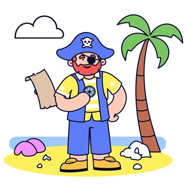 A cartoon pirate character with a large hat and a striped shirt is standing on a sandy beach. The pirate has an eye patch over one eye and a bushy beard. In one hand, the pirate is holding an old, worn treasure map, and in the other hand, there is a compass. The beach is dotted with seashells and small rocks, and a palm tree sways in the background. The sky is clear with a few fluffy clouds.