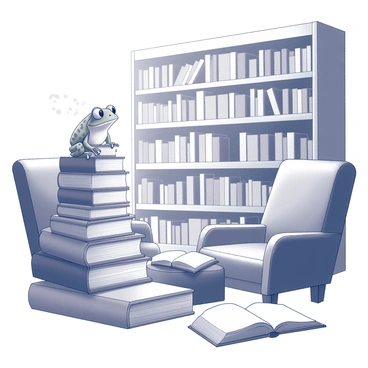 A small frog with big eyes is perched on a stack of books. The frog is looking eagerly at a wooden bookshelf filled with various books of different sizes. The library has large, comfortable armchairs positioned nearby, with a warm light illuminating the space. Dust motes are visible in the air, adding to the cozy atmosphere. The shelves are made of dark wood and are lined with books, some stacked horizontally and others standing upright. A few open books lie scattered on a nearby table, inviting exploration.