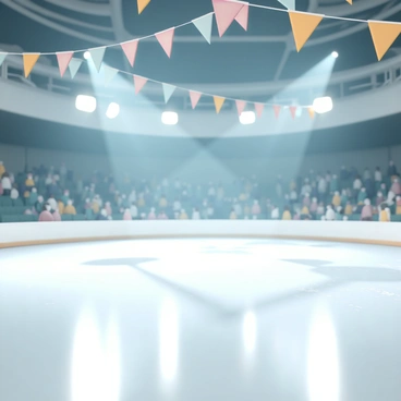 A smooth, shimmering ice floor of a skating rink, reflecting soft lights from above. The ice surface appears glossy, with subtle patterns of light playing across it. Surrounding the rink, a variety of colorful banners hang from the ceiling, adding a festive touch. The gentle glow from overhead lights casts soft shadows, creating a serene atmosphere. In the background, faint outlines of spectators can be seen, enjoying the scene while seated in the stands.