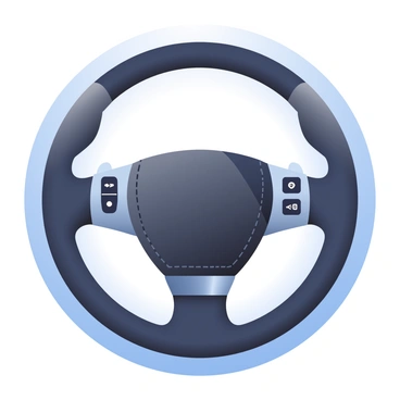 A 3D depiction of a car's steering wheel with a leather finish is centered in the image. The wheel is black with subtle stitching that adds texture and detail. Various controls are embedded on the spokes of the steering wheel, including buttons for audio and cruise control, which are shown in silver and black. The background features a soft gradient that enhances the focus on the steering wheel, showcasing its sleek design and craftsmanship. The leather surface has a slight sheen, reflecting light in a way that emphasizes its quality.