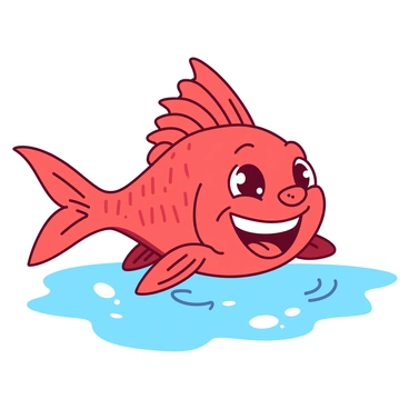 A cheerful cartoon redfish character is facing the viewer with a wide smile. The fish has big, friendly eyes and cartoon-style fins that appear to be waving. Its scales are glossy and vibrant, showcasing a bright red hue. The background features a light blue water surface with gentle waves that enhance the aquatic theme. The fish is positioned slightly to the left of the image, creating a dynamic composition.