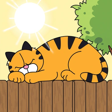 A chubby orange cat with distinctive black stripes, resembling "Garfield," is sleeping peacefully on a wooden fence. His body is curled up comfortably, with his head resting on his paws. The wooden fence is weathered, exhibiting a rustic texture with shades of brown. Sunlight shines brightly overhead, casting warm rays over the scene, illuminating Garfield's relaxed expression. A few green leaves from nearby trees are visible in the background, gently swaying in the soft breeze. The midday sun creates soft shadows around the cat, highlighting the serene moment.