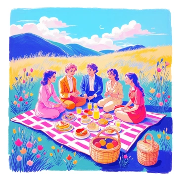 A group of friends is gathered on a checkered picnic blanket that is spread out on a grassy field. Each person is dressed in Gibson-inspired fashion, showcasing vintage styles with tailored suits and elegant dresses. They are smiling and laughing, surrounded by an assortment of picnic foods, including sandwiches, fruit, and a pitcher of lemonade. A large wicker basket sits nearby, partially open with more food items visible. The sun is shining brightly, and a few fluffy clouds are scattered in the blue sky above. There are also colorful flowers blooming around the picnic area.