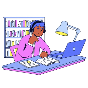 A student sitting at a wooden table in a library. The student is wearing black headphones and appears to be focused on their work. They have an open notebook with neatly written notes and an open laptop in front of them. The background features tall bookshelves filled with books, and a desk lamp casting soft light over the workspace. The student has a thoughtful expression, absorbed in their studies while classical music plays in their headphones.