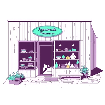 A white artisan shop with a rustic wooden facade is situated on a cobblestone street in Dortmund. The shop's large glass windows are filled with a variety of handmade crafts and local goods, including colorful pottery and woven baskets. A teal sign above the entrance reads "Handmade Treasures" in elegant script. Outside the shop, there are small potted plants and a wooden bench where visitors can sit and admire the craftsmanship. Sunlight casts soft shadows, highlighting the vibrant colors of the displayed items.