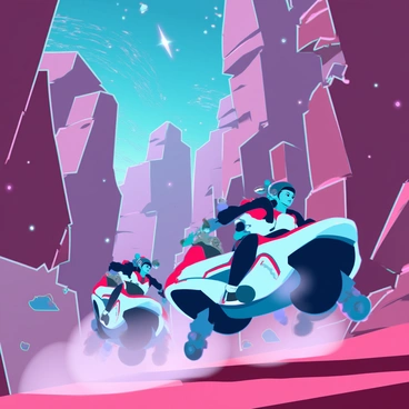 A thrilling hoverbike race is taking place through a rugged canyon on a distant planet. The canyon walls are steep and jagged, with unusual rock formations jutting out at sharp angles. Several colorful hoverbikes, each with sleek and aerodynamic designs, are zipping through the narrow passages at high speeds. The riders are wearing futuristic helmets and suits, their expressions focused and intense as they maneuver around obstacles. In the background, a vibrant sky filled with distant stars and swirling nebulae adds to the otherworldly atmosphere. Dust and debris kick up behind the hoverbikes, creating dynamic trails as they race toward the finish line.