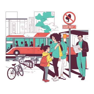 A group of diverse individuals is standing at a bus stop during a busy morning commute. Among them, a woman with curly brown hair wearing a teal coat is checking her phone. Next to her, a man with glasses and short black hair is holding a steaming cup of coffee, dressed in a yellow jacket. A child with pigtails, wearing a red backpack, is excitedly pointing at a passing bus. An older man with a gray beard is reading a newspaper while leaning against the bus stop sign. The scene is bustling, with a few bicycles parked nearby and cars passing in the background.