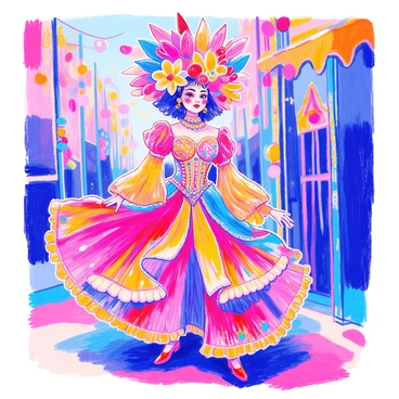A carnival performer stands confidently in a vibrant costume adorned with an array of shimmering sequins and intricate beadwork. The outfit features bright colors, including deep reds, electric blues, and sunny yellows, enhancing the festive atmosphere. Topping the ensemble is a large, colorful flower crown made up of bold blooms in various shades, adding a whimsical touch. The performer's face is painted with lively designs, and they are striking a pose, showcasing the dramatic ruffles of their costume. In the background, hints of carnival decorations are visible, further emphasizing the lively scene.