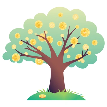 A large tree with a thick trunk and sprawling branches is depicted in the center of the image. Instead of leaves, shiny golden coins are hanging from the branches, glimmering in the light. The coins are various denominations, each displaying intricate designs. The grass underneath the tree is lush and green, providing a vibrant contrast to the gold above. The sky is bright and clear, enhancing the sense of abundance and prosperity. A few coins are scattered on the ground around the base of the tree, suggesting they have fallen from the branches.